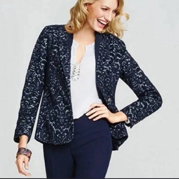 Cabi Wool Blend Jacquard Navy and Gray Jacket size 12 - Picture 1 of 16